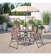 Flash Furniture Nantucket 6-Piece Patio Dining Set with Glass Table, 4 Folding Chairs, and Umbrel...