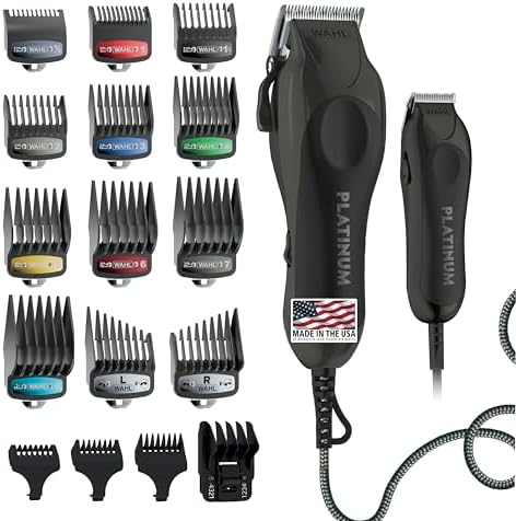 Wahl USA Pro Series Platinum Corded Clipper & Corded Trimmer for Home Haircutting with Color Coded Guide Combs – Model 79804-100