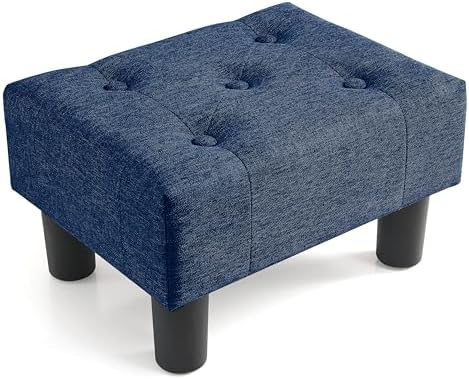 Poofzy Small Foot Stool Ottoman, Linen Ottoman Foot Rest with Legs, Rectangle Foolstool Ottomans for Couch, Ottoman Foot Stools for Living Room Entryway (Blue)