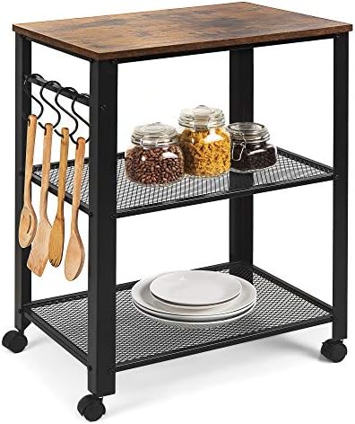 Best Choice Products Mobile Rolling Bar Cart, Serving Cart, Microwave Cart and Stand with Wheel Locks, Storage Shelves, 4 Hooks, for Home, Living Room, Kitchen