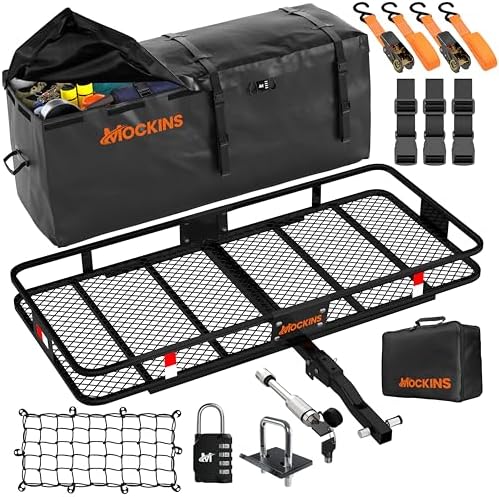 Mockins 60x20x6 Folding Cargo Carrier Hitch Mount Steel Rack 500lb Cap & 16 Cu Ft Soft Shell Waterproof Cargo Bag | Tow Hitch Cargo Basket, Hitch Tightener & Accessories |2" Receiver Cargo Trailer