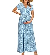 OUGES Maternity Maxi Dress Wrap V Neck Baby Shower Pregnancy Dresses for Photoshoot
