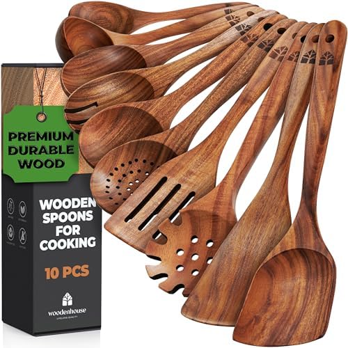 Wooden Spoons for Cooking, 10 Pcs Teak Wood Cooking Utensil Set – Wooden Kitchen Utensils for Nonstick Pans & Cookware – Sturdy, Lightweight & Heat Resistant