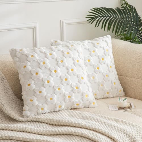 SHITURRE Floral Decorative Throw Pillow Covers for Farmhouse, Spring Pillow Covers for Sofa Couch Bed Room(White, 18"x18")