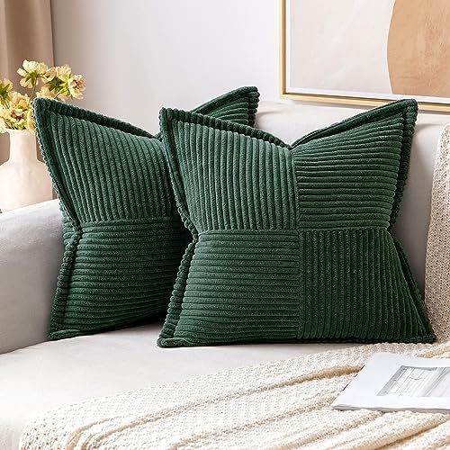 MIULEE Dark Green Corduroy Pillow Covers with Splicing Set of 2 Super Soft Boho Striped Pillow Covers Broadside Decorative Textured Throw Pillows for Couch Cushion Livingroom 18x18 inch