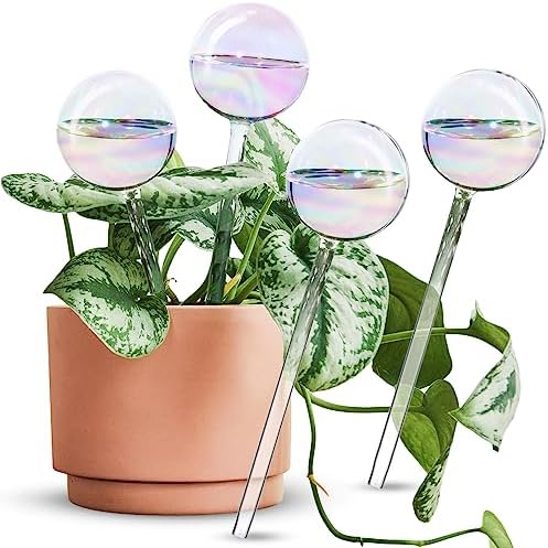 [4 PCS] Light Iridescent Rainbow Gradient Color Clear Glass Self-Watering System Spikes, Aqua Globes Automatic Plant Waterer Bulbs