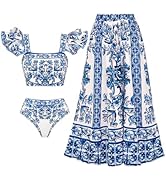 FLAXMAKER Ruffle Porcelain Pattern Majolica Print Back Elastic Band Bikini Swimsuit and Skirt/Sarong