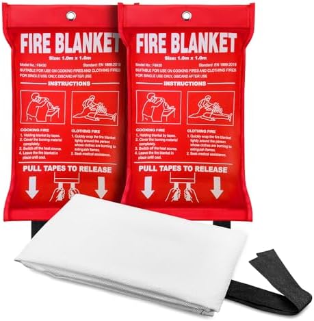 2Pack 39.3x39.3In Large Fire Blanket, Fiberglass Fire Emergency Blankets, Suppression Flame Retardant Fireproof Survival Safety Blanket for Kitchen Home Car Office Warehouse School Fireplace