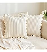 MIULEE Boho Decorative Throw Pillow Covers with Pom-poms, Soft Corduroy Square Solid Lumbar Cushi...