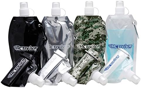 Activiva Collapsible Reusable Water Bottle with Carabiner Clip Light Weight Leak Proof Foldable Drinking Water Bottle - Non-Toxic BPA Free - 16.9 oz - 4 Pack