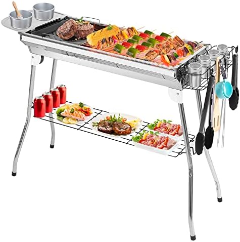 Portable Charcoal Grills,Outdoor Folding Barbecue Grill, Stainless Steel Foldable BBQ Grill Set w/Spice Plate&Storage&Holder,Large Kabob Smoker Grill for Cooking Camping Picnic Garden Party-US Spot