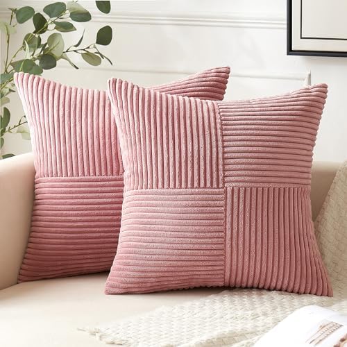 ANRODUO Pack of 2 Blush Pink Corduroy Pillow Covers 18x18 Inch Boho Decorative Spliced Throw Pillow Covers Soft Couch Pillowcases Cross Patchwork Textured Cushion Covers for Sofa Bed Living Room Decor