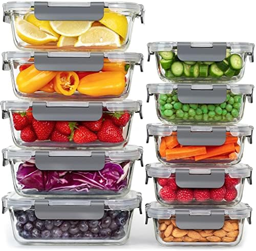 Glass Food Storage Containers - [10 Pack] Healthy Meal Prep Boxes with Airtight Lids - Airtight Glass, BPA Free & Leak Proof (10 Lids & 10 Containers)