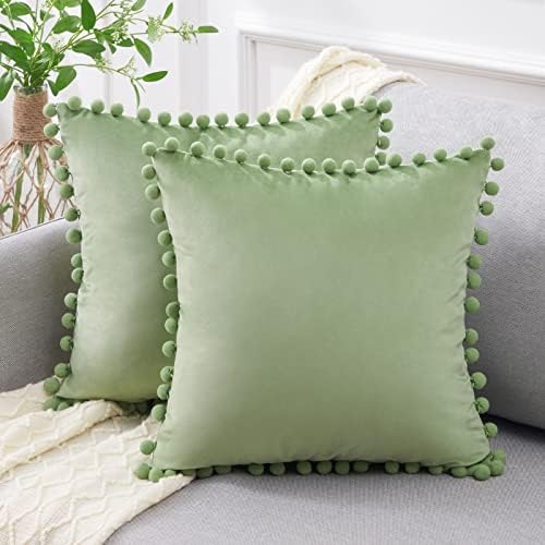 Top Finel Sage Green Couch Pillow Covers 18x18 Set of 2 Decorative Throw Pillow Covers with Pom Poms Soft Velvet Square Cushion Covers for Sofa Bed Spring Easter Home Decor