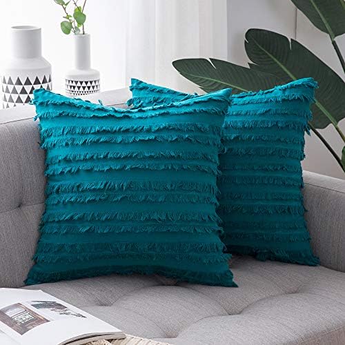 MIULEE Set of 2 Decorative Boho Throw Pillow Covers Linen Striped Jacquard Pattern Cushion Covers for Sofa Couch Living Room Bedroom 18x18 Inch Teal