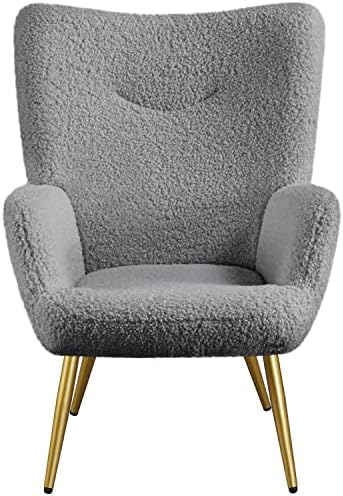 Yaheetech Boucle Reading Chair, Sherpa Furry Casual Accent Chair with High Back and Soft Padded, Modern Fuzzy Sherpa Chair, Cozy Armchair for Living Room Bedroom Office, Gray