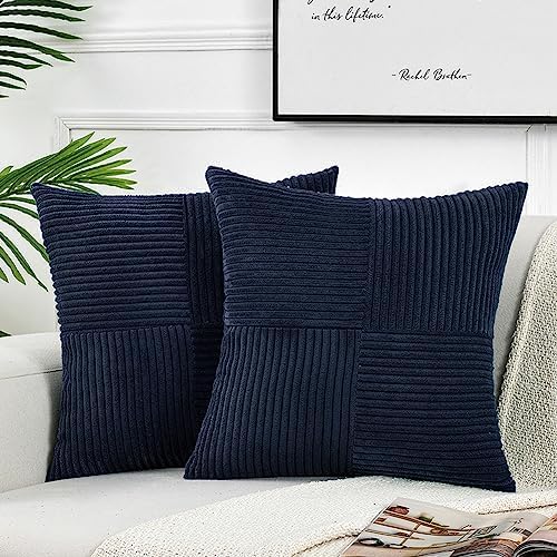 Fancy Homi 2 Packs Navy Blue Decorative Throw Pillow Covers 18x18 Inch for Living Room Couch Bed, Rustic Farmhouse Boho Home Decor, Soft Corss Corduroy Patchwork Textured Square Cushion Case 45x45 cm