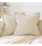 MIULEE Cream White Corduroy Decorative Throw Pillow Covers Pack of 2 Soft Striped Pillows Pillowc...