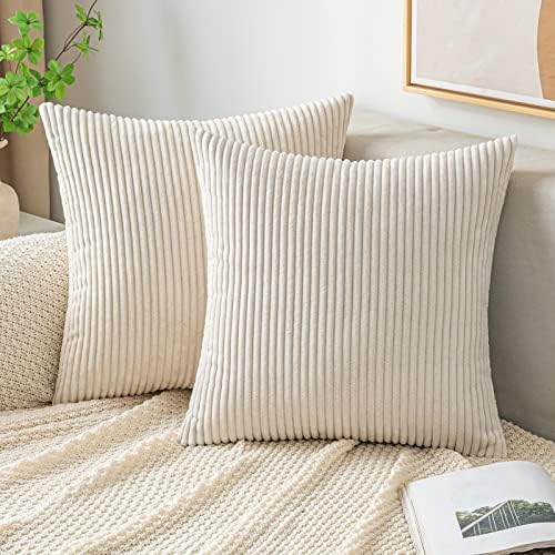 EMEMA Throw Pillow Covers Corduroy Decorative Soft Striped Square Cushion Covers Spring Pillowcases for Couch Sofa Bedroom Chair Car 18x18 Inch Pack of 2, Cream White