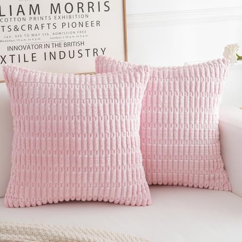 HERAYLI Corduroy Decorative Throw Pillow Covers, Boho Stripe Soft Square Cushion Case Home Decor for Living Room Couch Bed Sofa, Set of 2 Pack, Pink, 18x18 Inch