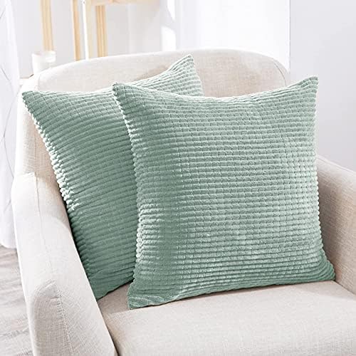Deconovo Spring Pillow Covers 18x18 Corduroy Coral Green, 18x18Inch, Throw Cover with Stripe Pattern, Cushion Covers Couch Sofa Bedroom Living Room, Set of 2
