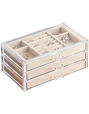 HerFav Acrylic Jewelry Organizer Box with 3 Drawers, Clear Jewelry Boxes for Women Earring Rings Bangle Bracelet and Necklace Holder Storage Velvet Jewelry Display Case