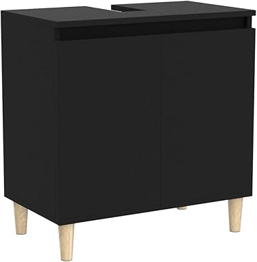 vidaXL Enginereed Wood Black Sink Cabinet - Bathroom Vaity Storage Unit - Under Sink Organizer with Solid Eucalyptus Wood Fee