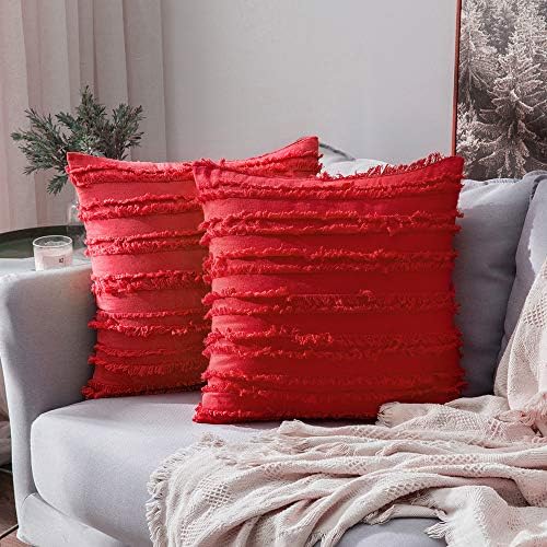 MIULEE Set of 2 Decorative Boho Throw Pillow Covers Linen Striped Jacquard Pattern Cushion Covers for Sofa Couch Living room Bedroom 18x18 Inch Red