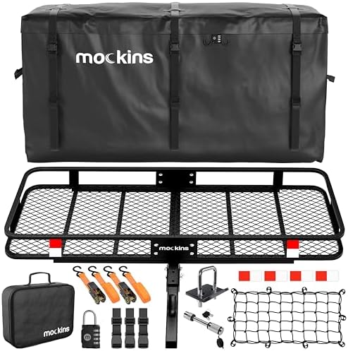 Mockins 60" x 24" x 6" XL Folding Cargo Carrier Hitch Mount 500lb Capacity Hitch Rack & 25 Cu Ft Soft Shell Waterproof Cargo Bag | Trailer Hitch Cargo Carrier | Hitch Mount Cargo Carrier Cargo Trailer