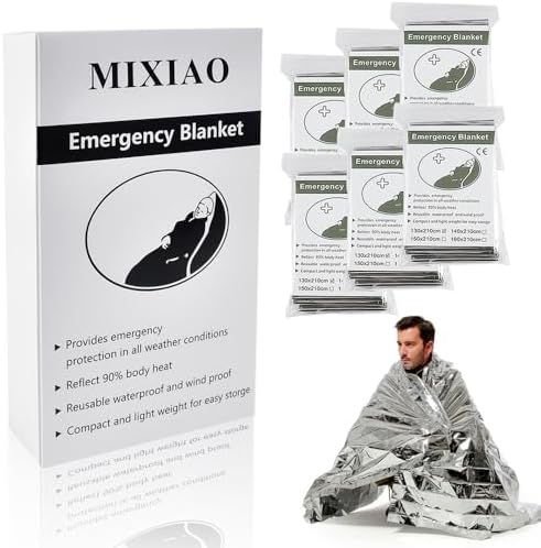 MIXIAO Emergency Foil Thermal Blanket (Pack of 6), Survival Blankets Perfect for Outdoors, Hiking, Survival, Marathons or First Aid