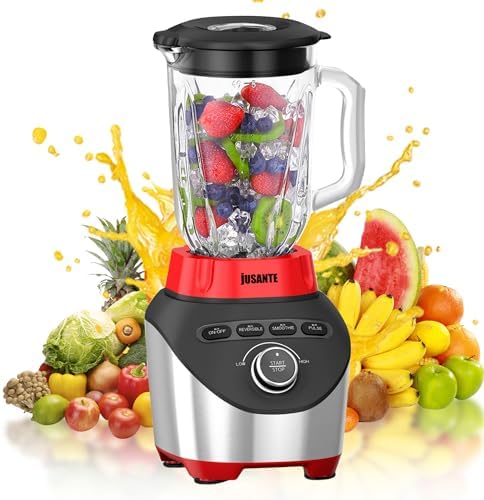 JUSANTE Blender for Shakes and Smoothies with 64oz Glass Jar Kitchen Countertop Blender with 1200 Watts High Speed Ice Crusher Blender Smoothie Blender for Shakes Frozen Drinks (Red)