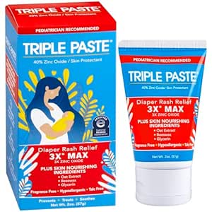 Triple Paste 3X Max Diaper Rash Ointment, Maximum Strength with 40% Zinc Oxide Ointment for Severe Diaper Rash, 2 oz Tube