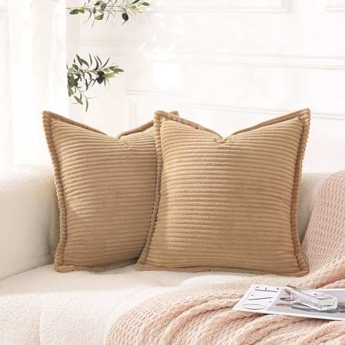 Corduroy Beige Throw Pillow Covers Set of 2 Striped Boho Decorative with Edge Design,Super Soft Khaki Throw Pillow Cushion Covers for Couch Sofa Living room Solid Square 18×18inch,Light Brown