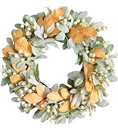 Idyllic Fall Wreath 18 Inches, Autumn Wreath with Lambs Ear Leaves and Berries for Front Door Out...