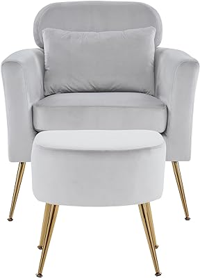 Accent Chair and Ottoman Set, Modern Armchair with Backrest and Pillow, Upholstered Single Leisure Chair Barrel Chair with Adjustable Gold Metal Feet for Living Room Bedroom Office, Light Gray