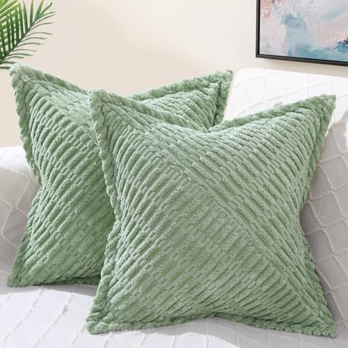 decorUhome Decorative Spring Sage Green Throw Pillow Covers 18x18 Set of 2 with Splicing, Boho Soft Corduroy Broadside Twill Pillow Covers for Couch Bed Sofa Living Room