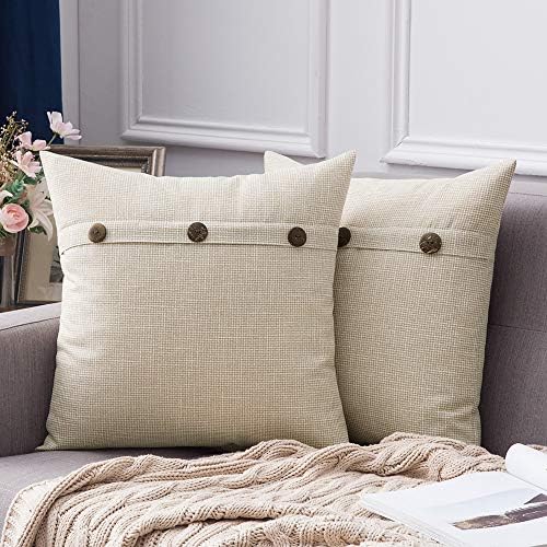 MIULEE Set of 2 Decorative Linen Throw Pillow Covers Cushion Case Triple Button Vintage Farmhouse Pillowcase for Couch Sofa Bed 16 x 16 Inch Beige