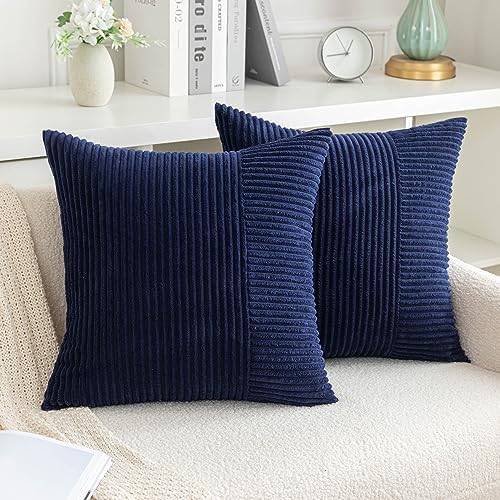 AQOTHES Set of 2 Navy Blue Striped Patchwork Corduroy Throw Pillow Covers 18x18, Decorative Square Throw Pillows for Couch Sofa Bed Living Room Home Decor
