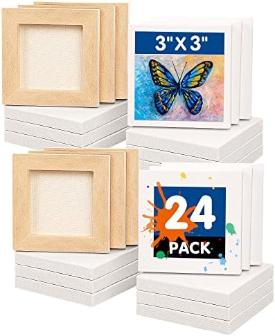 FIXSMITH Mini Stretched Canvas - 24 Pack 3 x 3 Inch, 2/5” Profile Small Square Canvases, 100% Cotton Art Primed Little Blank Canvas for Kids, Home Decor Project, Art Supplies for Acrylic Oil Painting