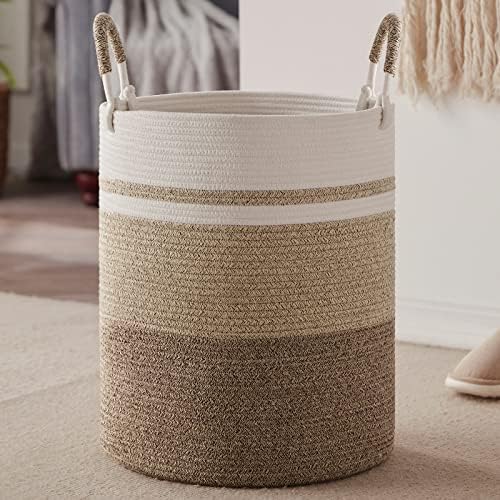 SIXDOVE Laundry Hamper, Large Woven Rope Laundry Basket with Handles, Decorative Storage Basket for Clothes and Toys in Living room, Bedroom, 15" x 20", Jute & White