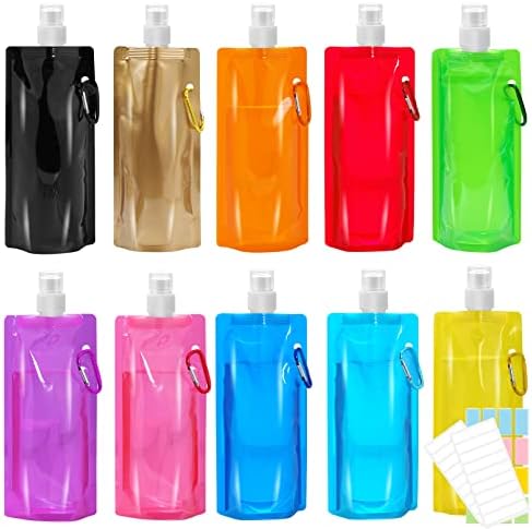 smilixin 10 Pack Collapsible Water Bottles,Reusable Drinking Water Bags with Carabiner Clip,480ml Travel Water Bottle,Leak Proof Water Bottles for Camping,Hiking Travel,Gym,Sports,Biking,BPA Free