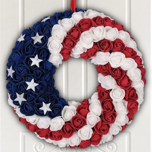 4th of July Patriotic Front Door Wreath, Independence Day Decorations with red White and Blue American Flag, for Outdoor Porch Memorial Day, Indoor/Outdoor Wall Garland, for Summer Holiday Decor(A)