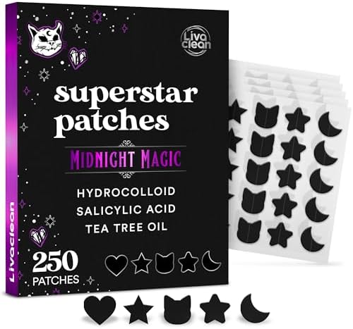 LivaClean 250CT Star Pimple Patches Midnight Magic Black w/Salicylic Acid & Tea Tree Oil - Pimple Patches for Face, Hydrocolloid Acne Patches, Cute Face Stickers, Zit Patches