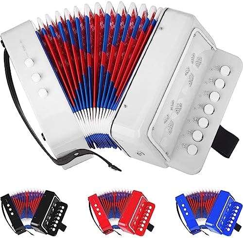 Kids Accordion,Toy Accordion for Kids Ages 3 5 9 7 10 12 Child Children Toddlers Beginners Mini Accordion Musical Instrument 10 Keys Button Small for Boy Girls Christmas（White）