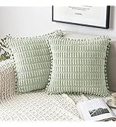 MIULEE Light Green Corduroy Decorative Throw Pillow Covers Pack of 2 Pom-pom Soft Boho Striped Pi...