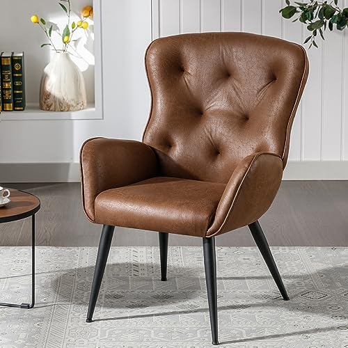 BFZ Faux Leather Accent Chair with High Back Design, Armchair with Metal Legs in Modern Style, Comfy Upholstered Wingback Chair for Living Room, Bedroom, and Office(Brown)