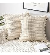MIULEE Boho Cream White Corduroy Decorative Throw Pillow Covers Pack of 2 Pom-pom Soft Striped Pi...