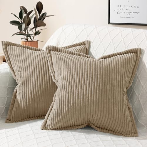 Mecatny Corduroy Pillow Covers 20x20 Inch Set of 2 - Striped Throw Pillow Covers with Wide Border for Living Room, Bed - Soft Square Decorative Pillow Covers for Couch - Khaki