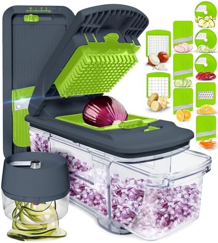 Fullstar All-in-1 Vegetable Chopper, Mandoline Slicer & Cheese Grater - French Fry Cutter & Veggie Dicer - Includes Bonus Handheld Spiralizer - Cook's Tool & Gadget Sets (6 in 1, Gray/Green)