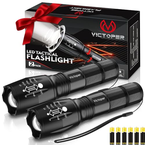 Victoper LED Flashlight 2 Pack, Bright 2000 Lumens Tactical Flashlights High Lumens with 5 Modes, Waterproof Zoomable Flash L